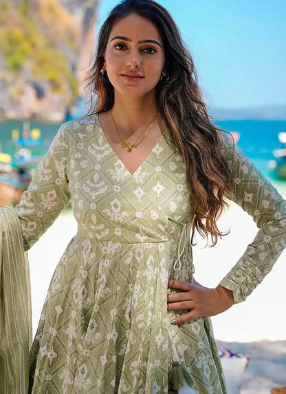 Heavy Cotton 60*60 Printed Anarkali Kurti And Full Printed Pant And Dupatta