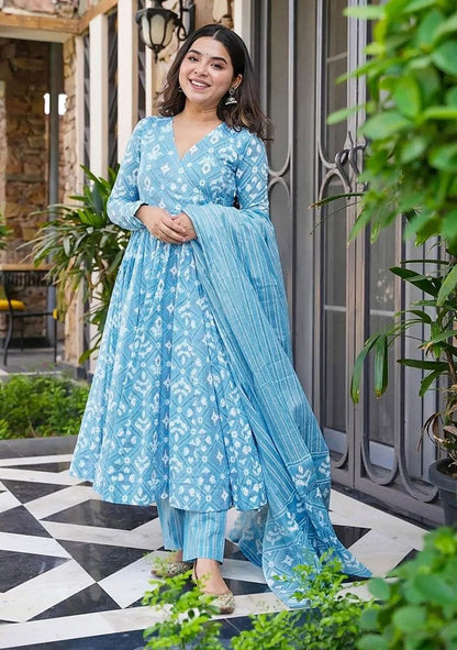 Heavy Cotton 60*60 Printed Anarkali Kurti And Full Printed Pant And Dupatta
