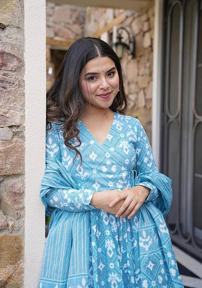 Heavy Cotton 60*60 Printed Anarkali Kurti And Full Printed Pant And Dupatta