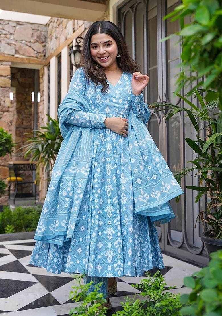 Heavy Cotton 60*60 Printed Anarkali Kurti And Full Printed Pant And Dupatta
