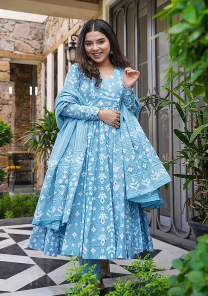 Heavy Cotton 60*60 Printed Anarkali Kurti And Full Printed Pant And Dupatta