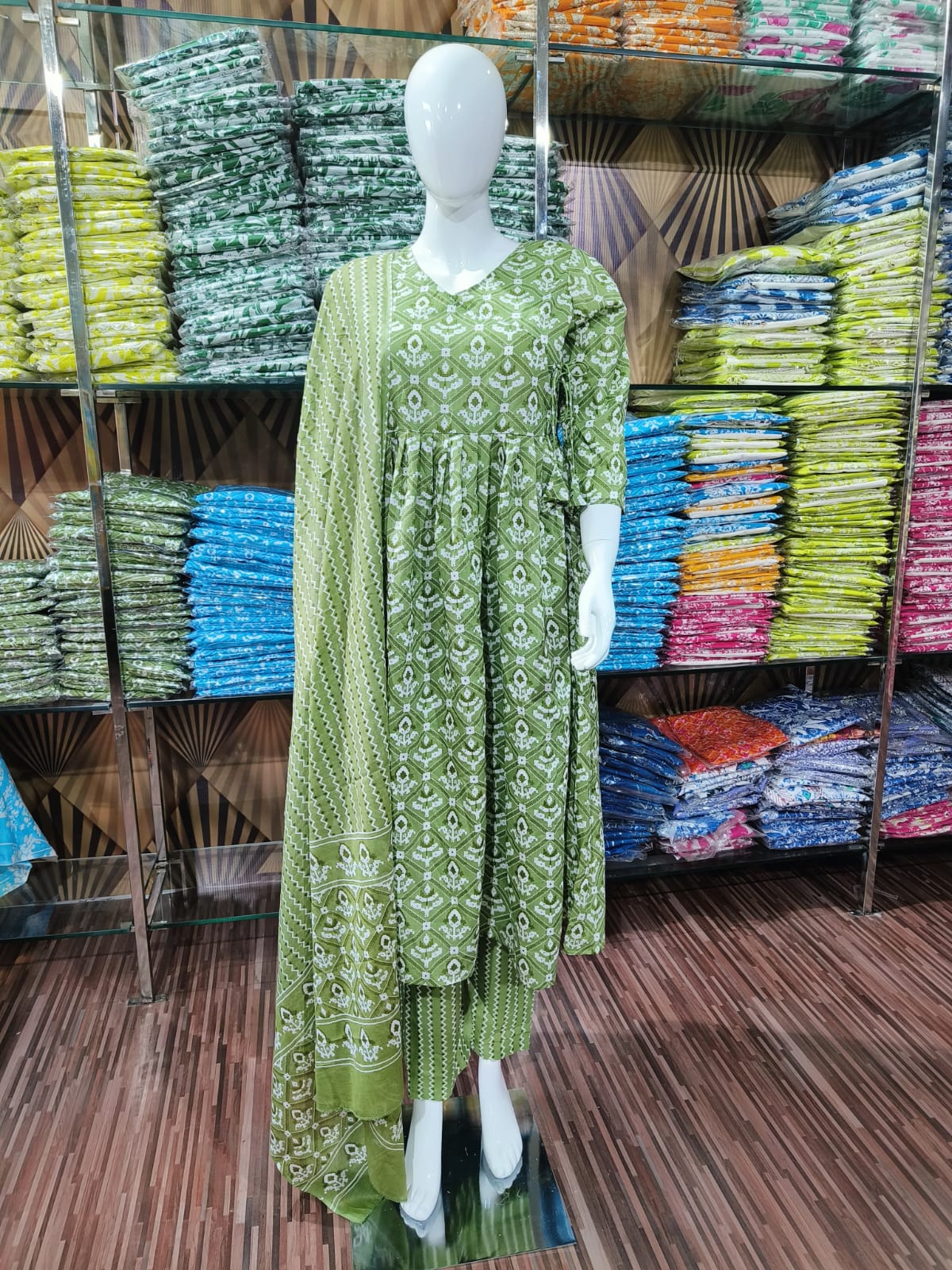 Heavy Cotton 60*60 Printed Anarkali Kurti And Full Printed Pant And Dupatta