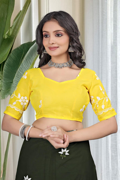 Georgette with floral design embroidery with scalloped cutwork border Saree