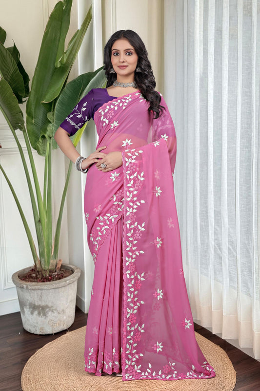 Georgette with floral design embroidery with scalloped cutwork border Saree