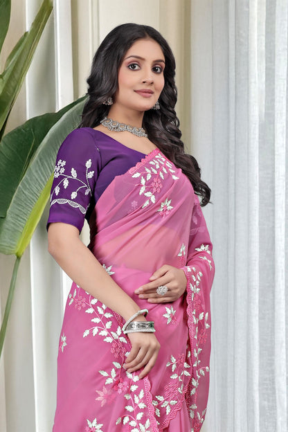 Georgette with floral design embroidery with scalloped cutwork border Saree