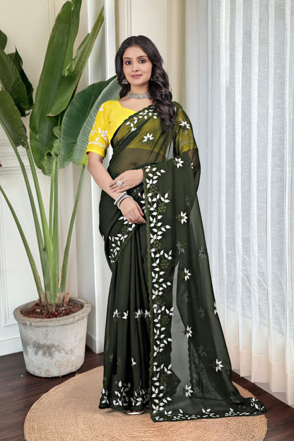 Georgette with floral design embroidery with scalloped cutwork border Saree