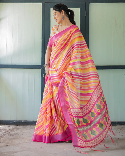Multicolor Leheriya Stripe Ikat Style Festive Wear Linen Cotton Saree