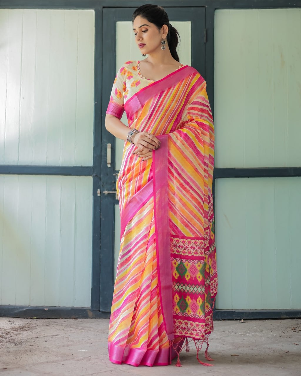 Multicolor Leheriya Stripe Ikat Style Festive Wear Linen Cotton Saree