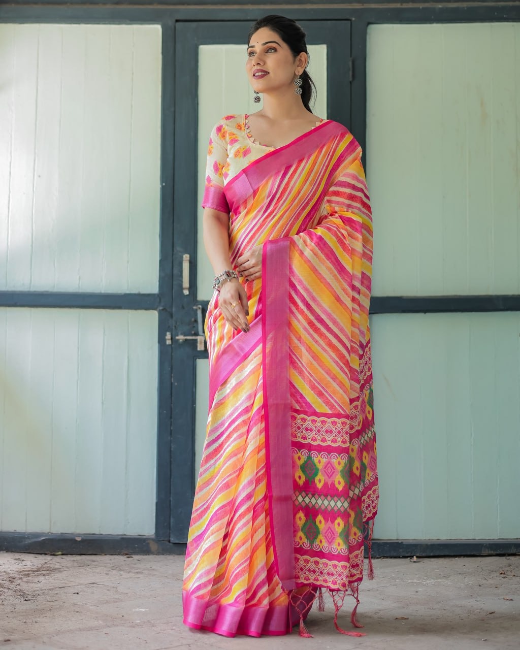 Multicolor Leheriya Stripe Ikat Style Festive Wear Linen Cotton Saree