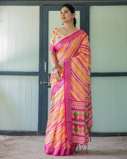 Multicolor Leheriya Stripe Ikat Style Festive Wear Linen Cotton Saree