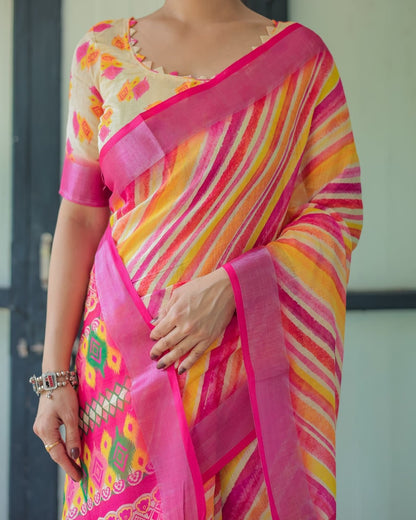 Multicolor Leheriya Stripe Ikat Style Festive Wear Linen Cotton Saree