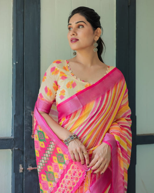 Multicolor Leheriya Stripe Ikat Style Festive Wear Linen Cotton Saree