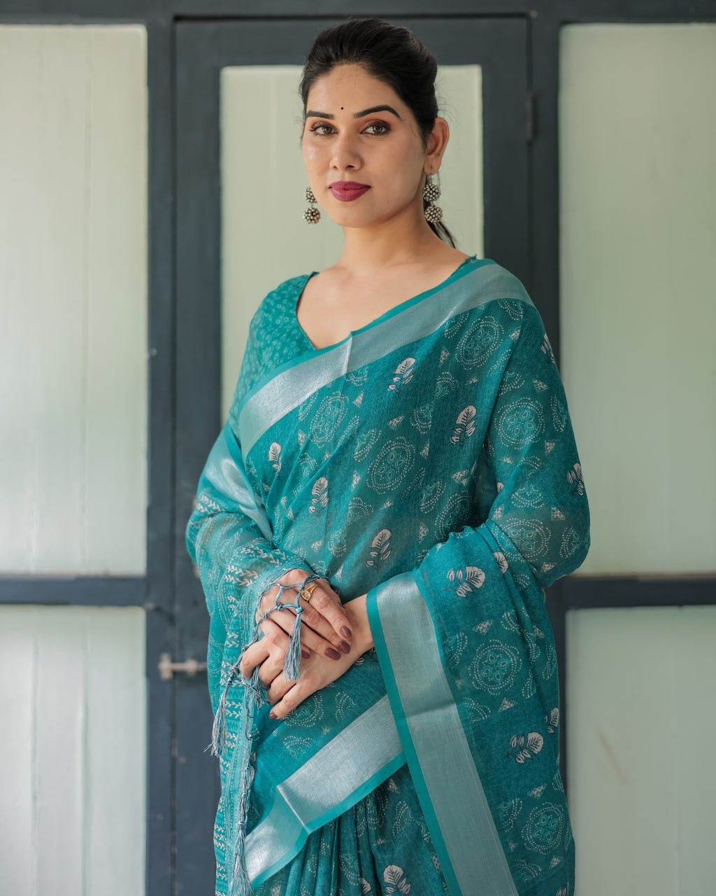 Teal Blue Silver Motif Printed Elegant Daily Wear Linen Cotton Saree