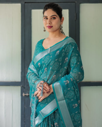 Teal Blue Silver Motif Printed Elegant Daily Wear Linen Cotton Saree