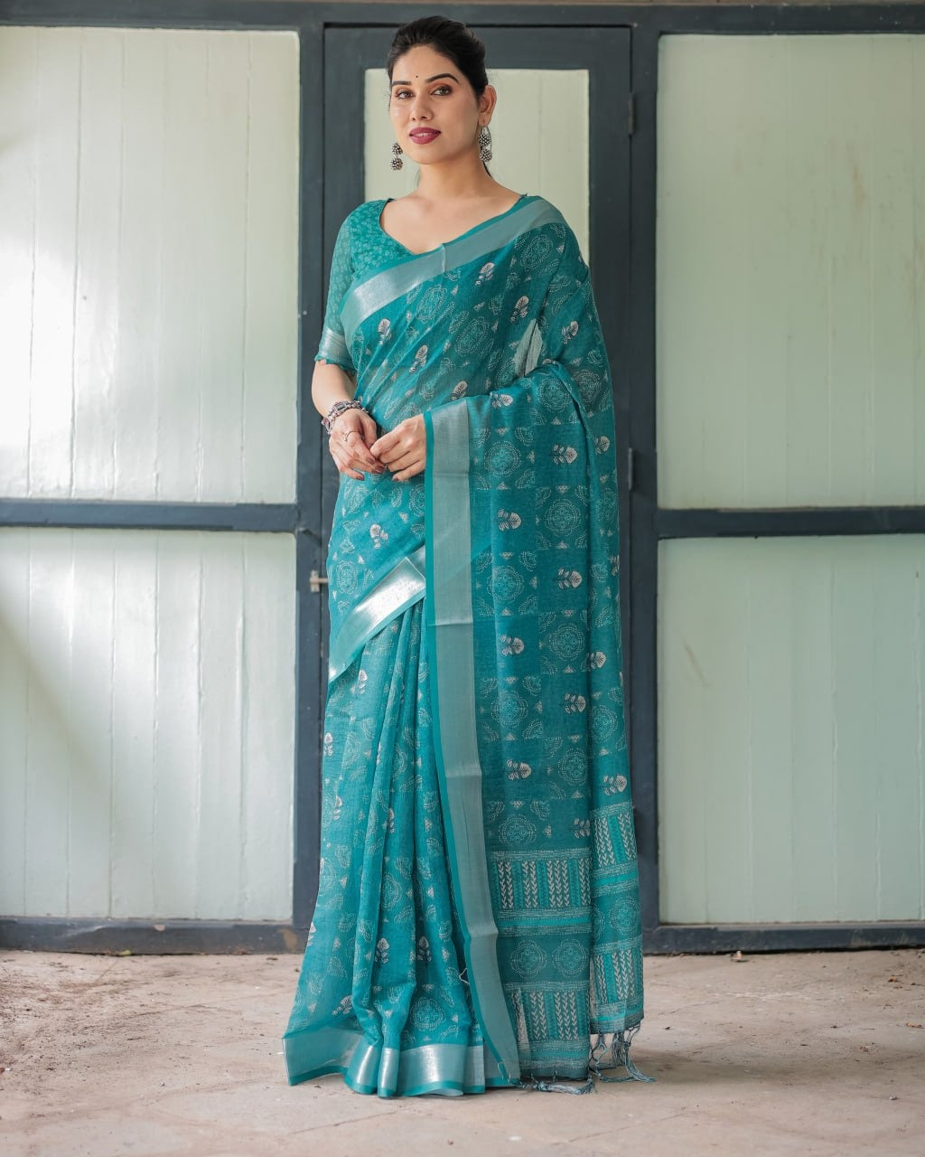 Teal Blue Silver Motif Printed Elegant Daily Wear Linen Cotton Saree