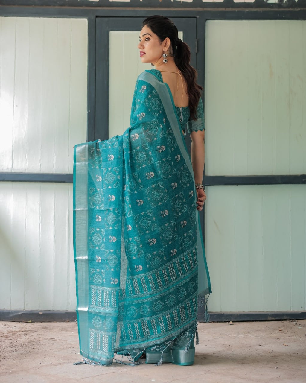 Teal Blue Silver Motif Printed Elegant Daily Wear Linen Cotton Saree