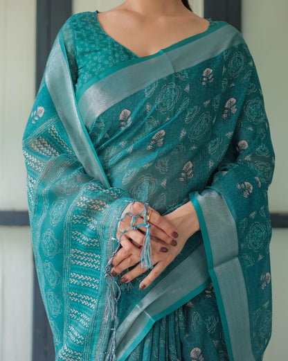 Teal Blue Silver Motif Printed Elegant Daily Wear Linen Cotton Saree