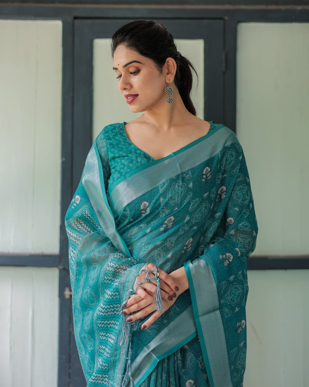 Teal Blue Silver Motif Printed Elegant Daily Wear Linen Cotton Saree