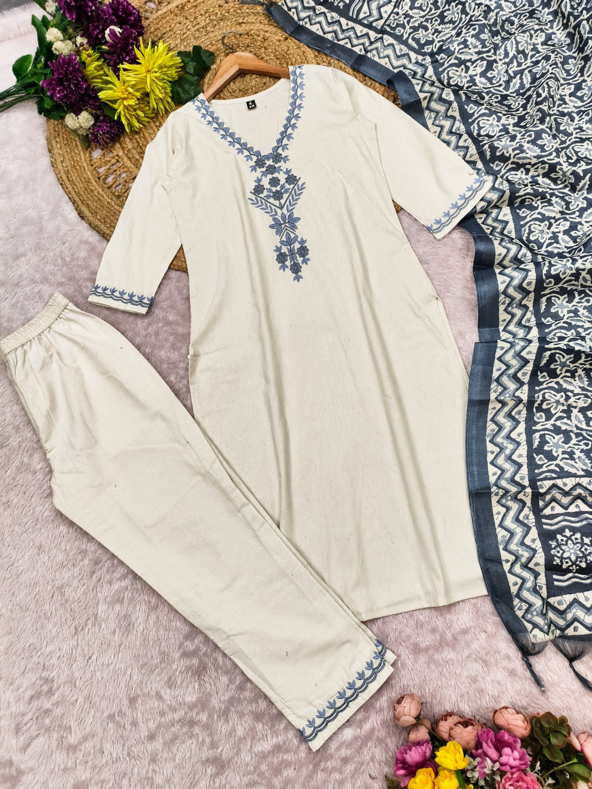 Elegant Khadi Cotton Fabric Calf Length Straight Kurta Set