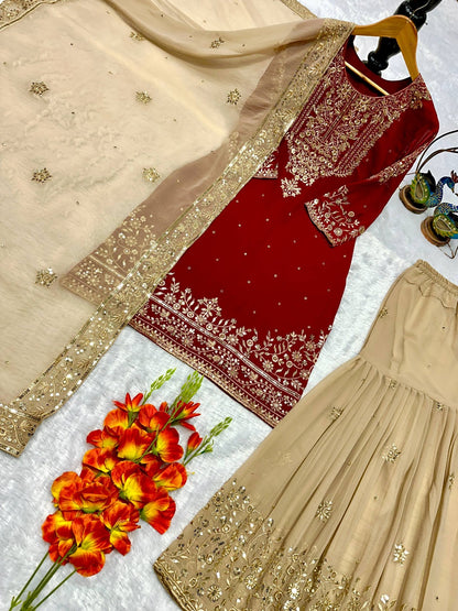 PARTY WEAR TOP AND PLAZZO. WITH FANCY DUPPATA WITH  EMBROIDERY WORK