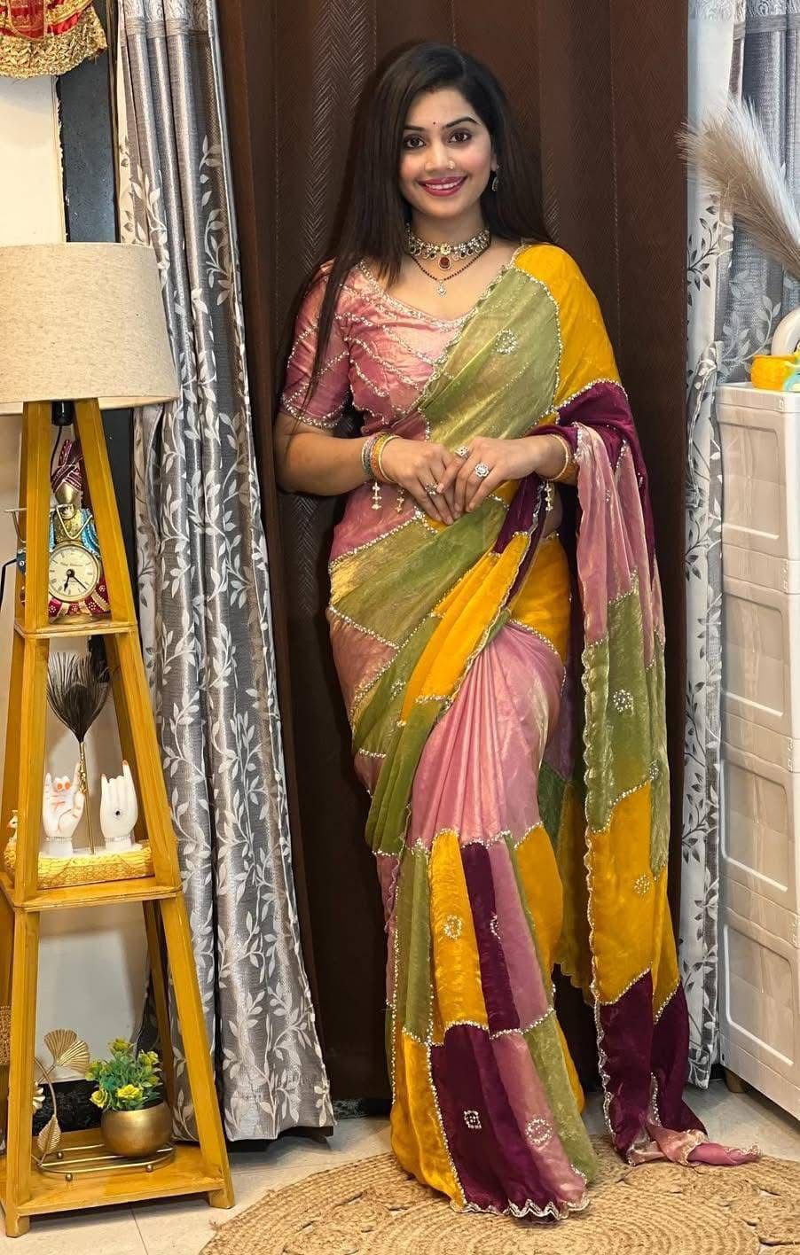 Havy Soft Space Silk Fabric With Beutiful Multy Prints With Beads And Katdana Handwork In Border Saree