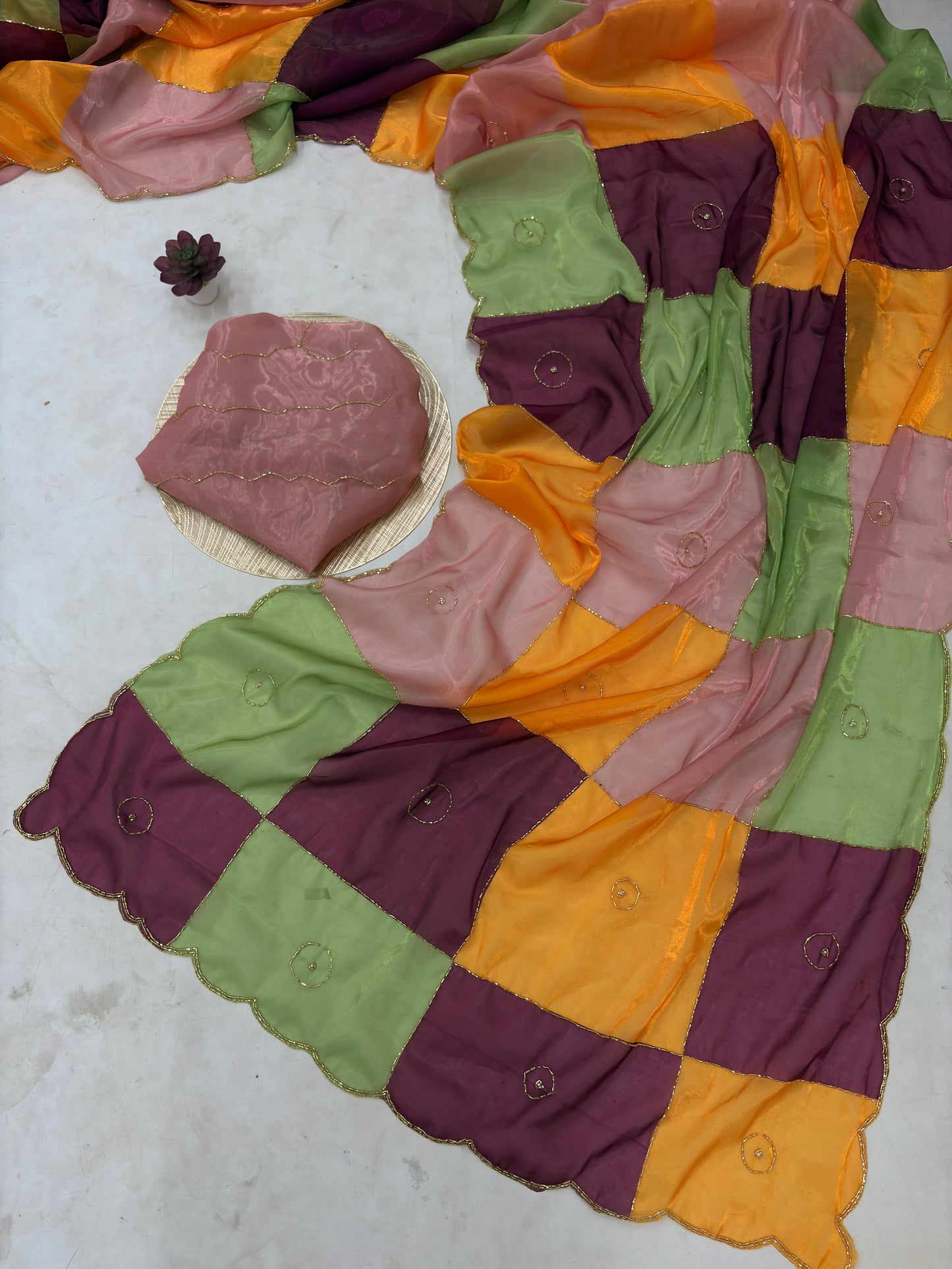 Havy Soft Space Silk Fabric With Beutiful Multy Prints With Beads And Katdana Handwork In Border Saree