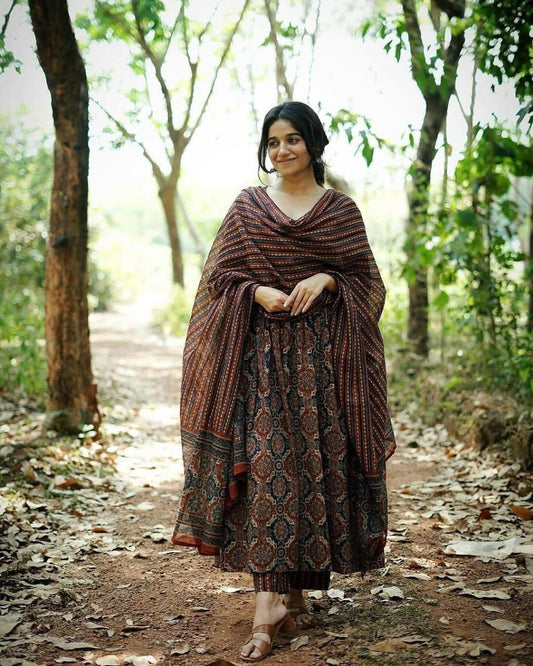 COTTON AJRAKH PRINT ANARKALI KURTI