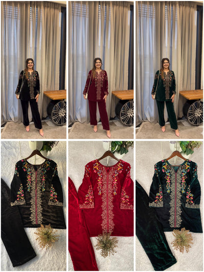 VELVET DESIGNER WEAR CO-ORD SET WITH EMBROIDERY WORK