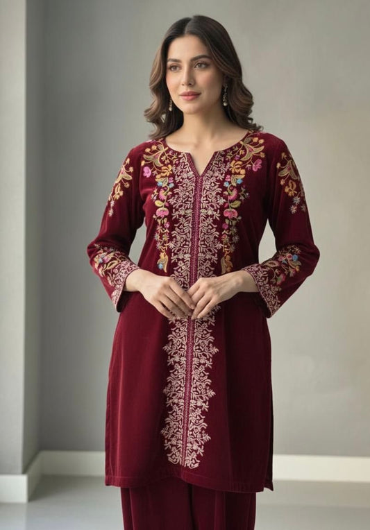 VELVET DESIGNER WEAR CO-ORD SET WITH EMBROIDERY WORK