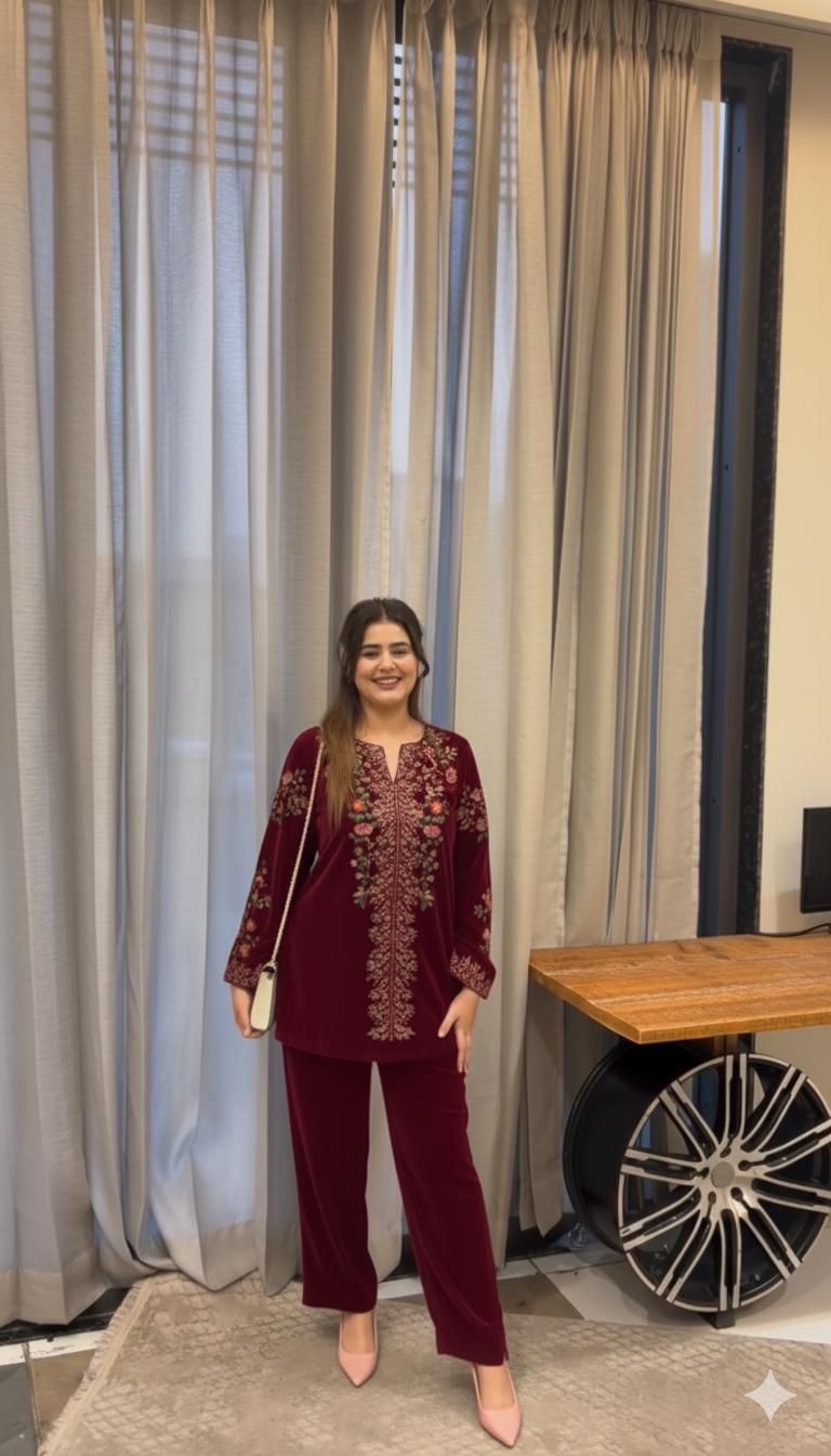 VELVET DESIGNER WEAR CO-ORD SET WITH EMBROIDERY WORK