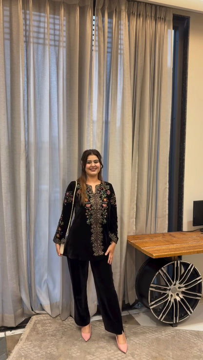 VELVET DESIGNER WEAR CO-ORD SET WITH EMBROIDERY WORK