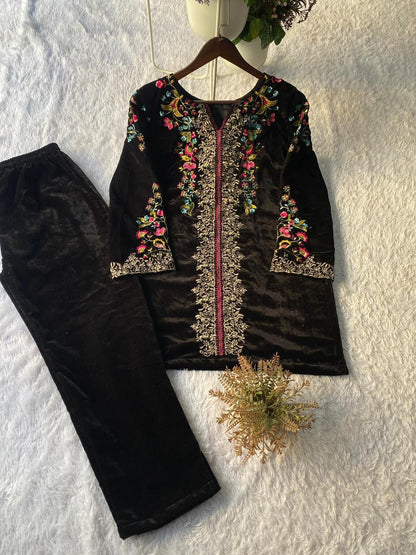 VELVET DESIGNER WEAR CO-ORD SET WITH EMBROIDERY WORK