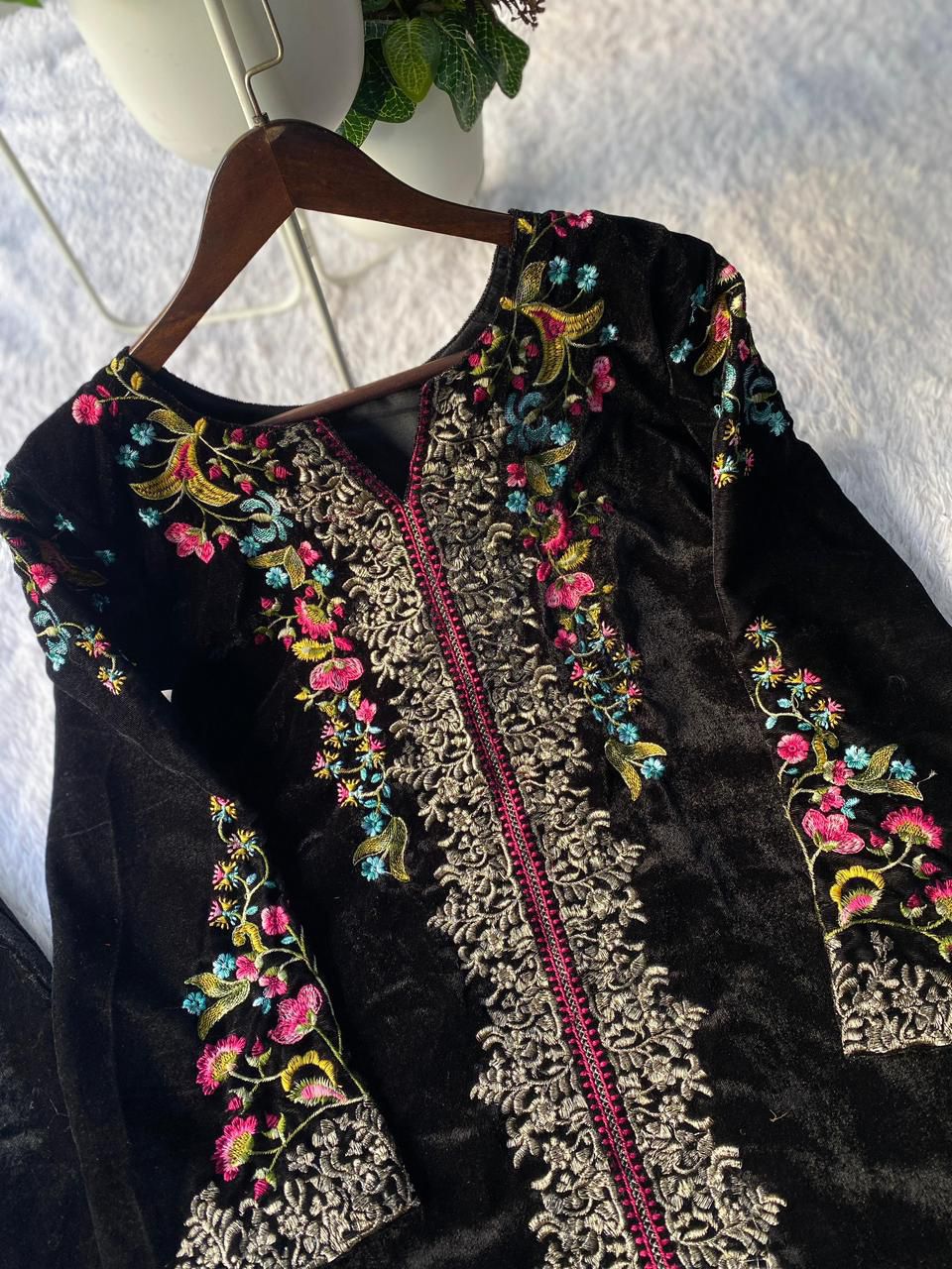 VELVET DESIGNER WEAR CO-ORD SET WITH EMBROIDERY WORK