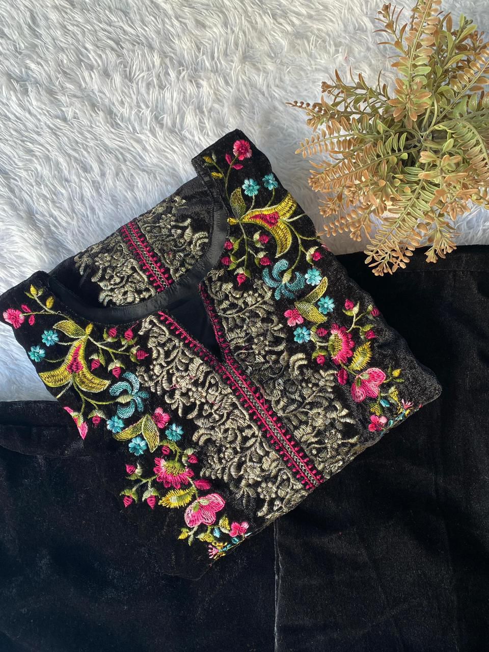 VELVET DESIGNER WEAR CO-ORD SET WITH EMBROIDERY WORK