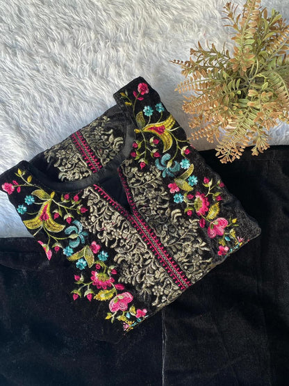 VELVET DESIGNER WEAR CO-ORD SET WITH EMBROIDERY WORK