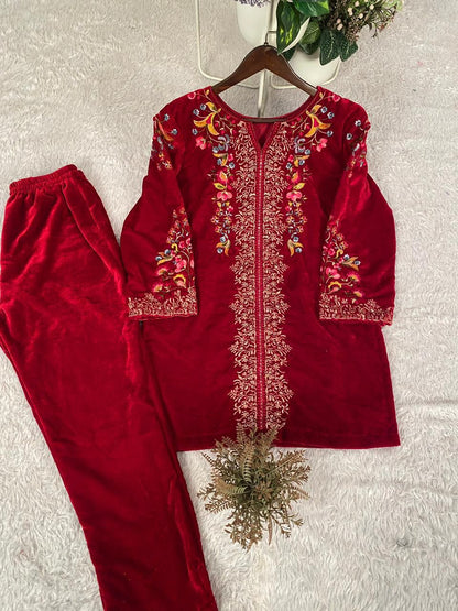 VELVET DESIGNER WEAR CO-ORD SET WITH EMBROIDERY WORK