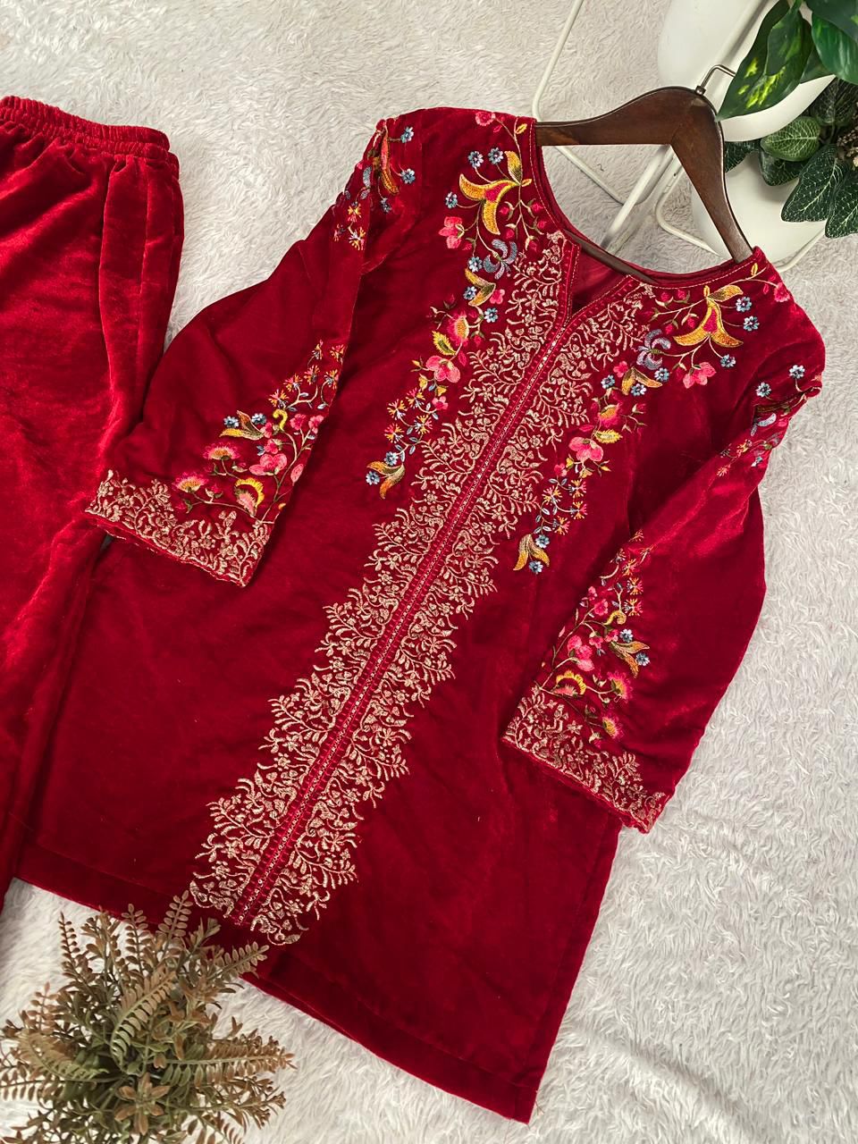 VELVET DESIGNER WEAR CO-ORD SET WITH EMBROIDERY WORK