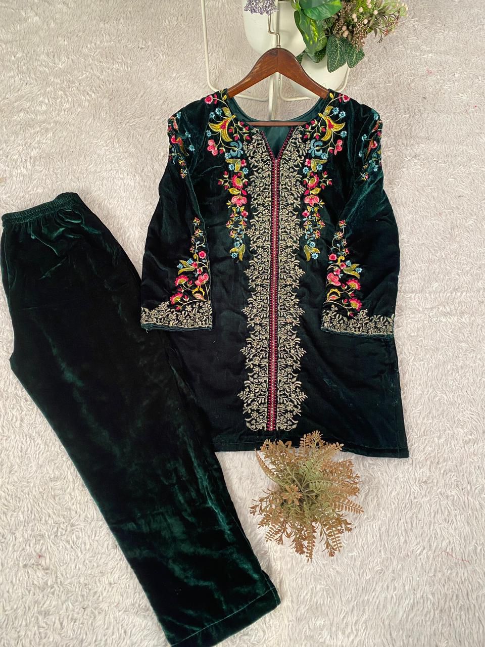 VELVET DESIGNER WEAR CO-ORD SET WITH EMBROIDERY WORK