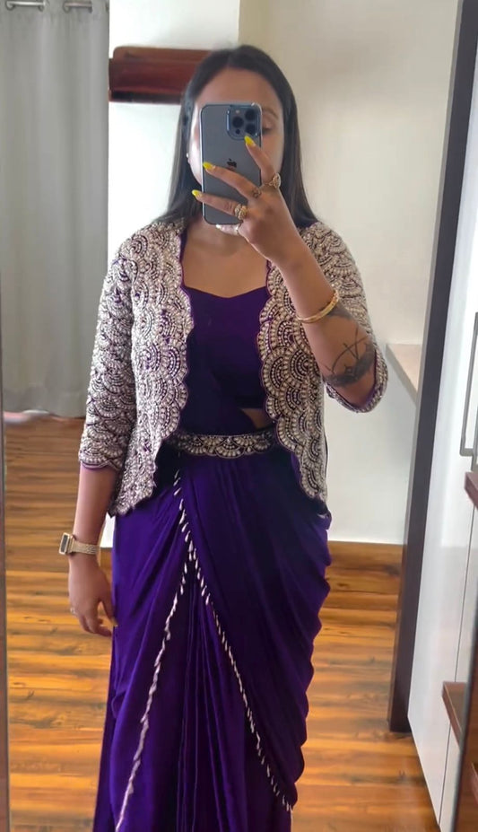 Embroidery cording work ready to wear saree with full koti