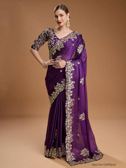 Fancy Jari dori & Thread with Sequins and jari Embroidery Work with cutwork Border Saree