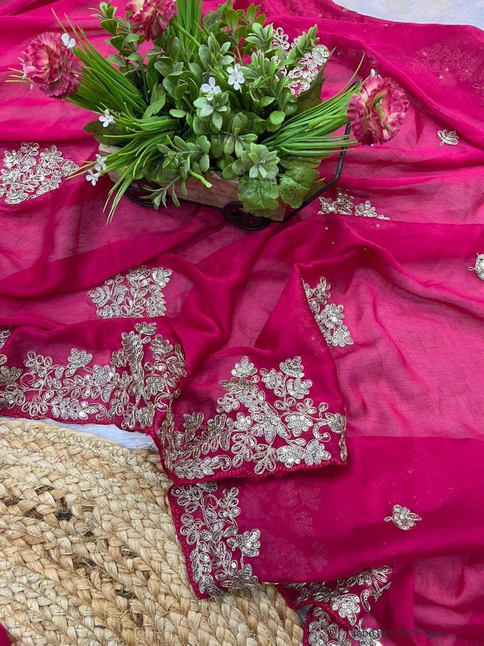 Fancy Jari dori & Thread with Sequins and jari Embroidery Work with cutwork Border Saree