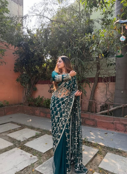 Silk Fabric with Real Mirror work and blouse on also Fendy Silk Fabric Saree