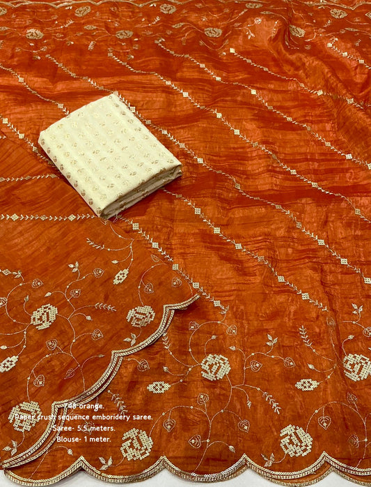 Soft paper crush saree with sequence emboridery saree.