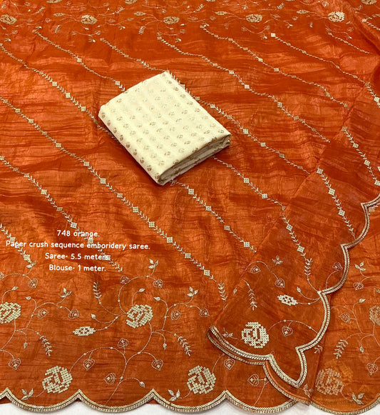 Soft paper crush saree with sequence emboridery saree.