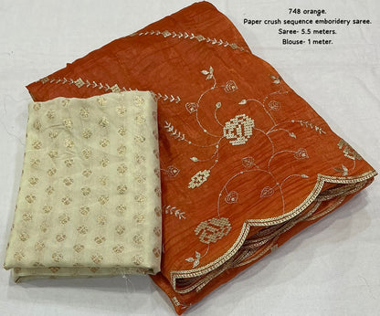 Soft paper crush saree with sequence emboridery saree.