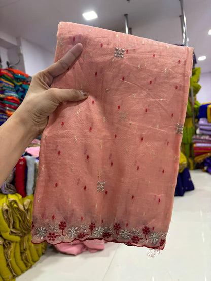 Soft Tissue  silk organza saree  with embroidery Sequence work with matching embroidery work blouse