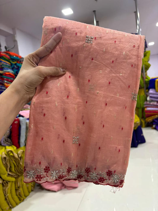 Soft Tissue  silk organza saree  with embroidery Sequence work with matching embroidery work blouse