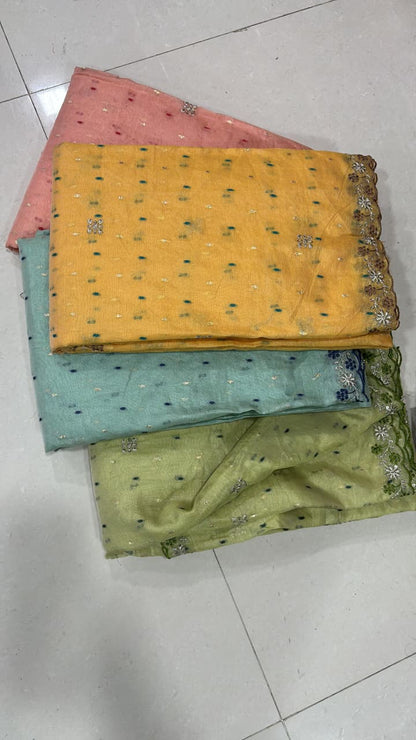 Soft Tissue  silk organza saree  with embroidery Sequence work with matching embroidery work blouse