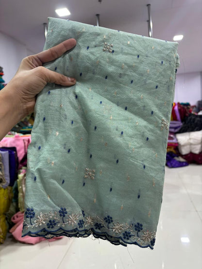Soft Tissue  silk organza saree  with embroidery Sequence work with matching embroidery work blouse