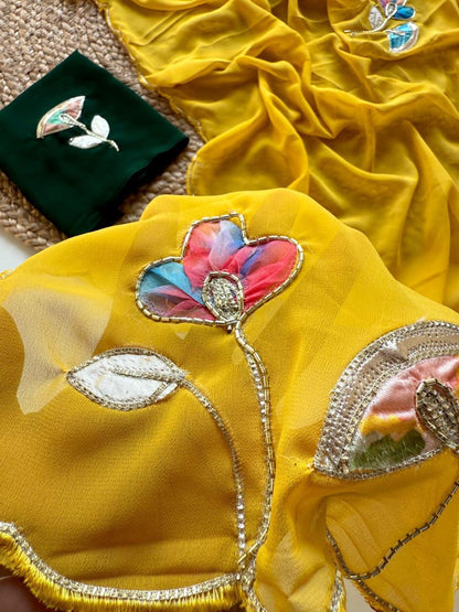 Soft Georgette Fabric With Beautiful Floral Patch Work And Embossed Cutwork Border Saree